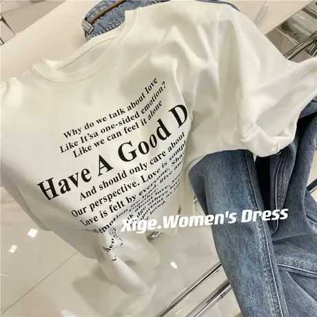 白色字母印花垫肩短袖T恤女春宽松百搭圆领磨毛内搭时髦显瘦上衣商品大图