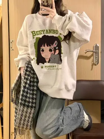 2023年新款设计感小众日系花灰色圆领卫衣女秋季可爱甜美长袖上衣图片