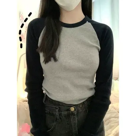 小个子短款撞色拼接长袖T恤女早秋百搭ins潮修身显瘦纯棉打底上衣商品大图