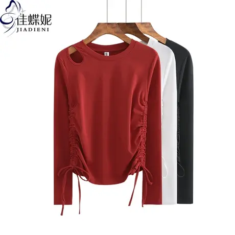 春秋新款圆领修身镂空抽绳设计上衣长袖打底内搭纯白女装显瘦T恤图片