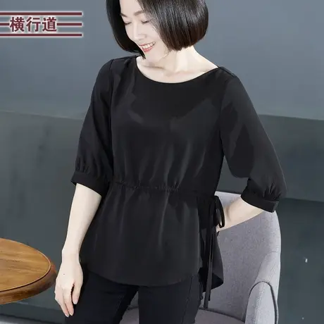 2023秋季新款女装圆领收腰宽松中年妈妈中袖上衣简约纯色女装大码商品大图