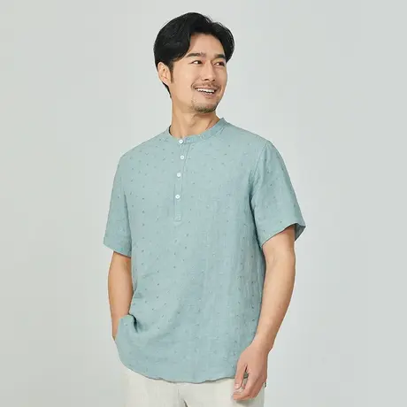 亚麻T恤短袖中年男士宽松休闲男装日系复古棉麻简约夏季立领上衣商品大图