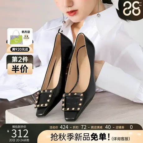 千百度女鞋2023秋季新款舒软羊皮欧美方头时装鞋小猫跟通勤女单鞋图片