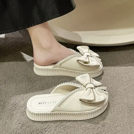 仙女风蝴蝶结包头半拖鞋女外穿2023夏季新款小个子设计感厚底凉拖图片