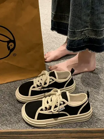 小香风黑色帆布鞋子女2023年夏季新款网红厚底休闲百搭ins潮板鞋商品大图