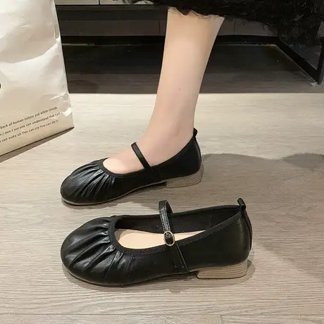 单鞋女2023新款夏季通勤浅口平底鞋复古圆头轻便仙女风豆豆奶奶鞋商品大图