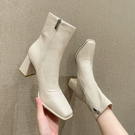 时尚侧拉链马丁靴女粗跟2023年秋冬新款气质百搭方头瘦瘦靴及裸靴商品大图