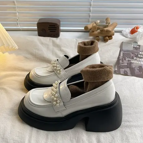 厚底百搭小皮鞋女2023新款春秋季圆头森系黑色粗高跟法式乐福单鞋商品大图