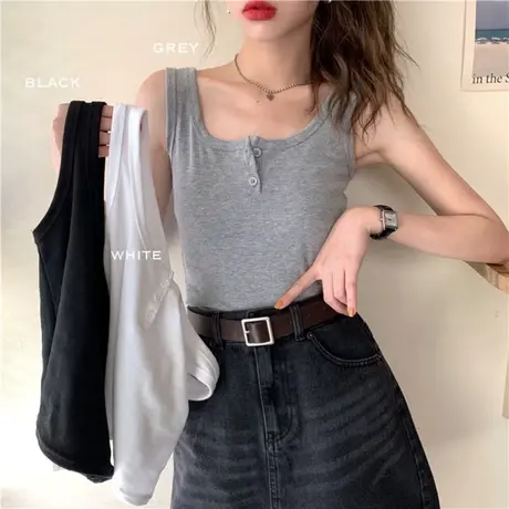 显瘦纽扣外穿无袖白色背心打底衫女韩版夏季短款修身内搭吊带上衣商品大图