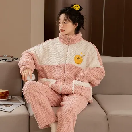 珊瑚绒睡衣女2023新款秋冬季加绒加厚拉链款法兰绒家居服套装冬款图片
