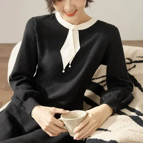 茵曼官方旗舰店女装飘带连衣裙女2023冬季新款高腰显瘦a字中长裙图片
