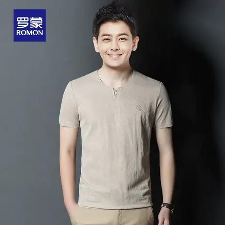 罗蒙男士冰丝短袖T恤夏季薄款中国风鸡心V领中老年唐装上衣服体恤图片