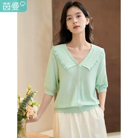 茵曼甜美翻领开衫毛衣女2023年春季新款可爱直筒收腰显瘦短袖外套图片