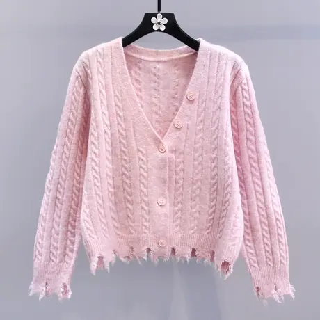 破洞流苏麻花毛衣外套女秋冬2023新款设计感慵懒风长袖针织开衫商品大图