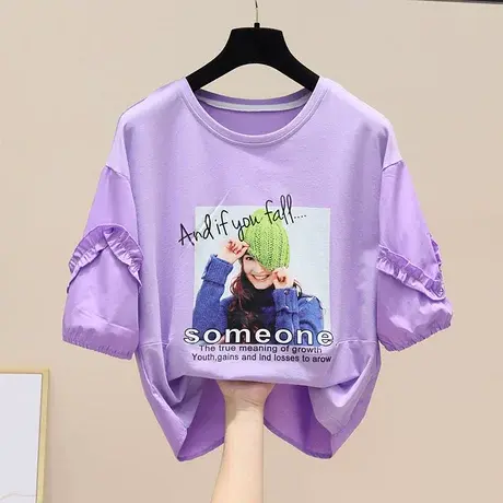 棉质中袖t恤女夏爆款荷叶花边半袖上衣宽松印花圆领套头百搭短袖商品大图