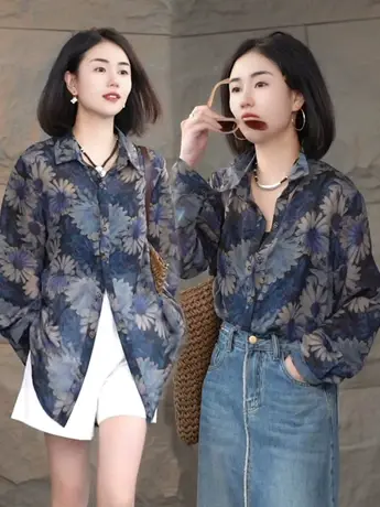 2023早春新款复古印花长袖开衫衬衫文艺气质宽松百搭民族风上衣女商品大图