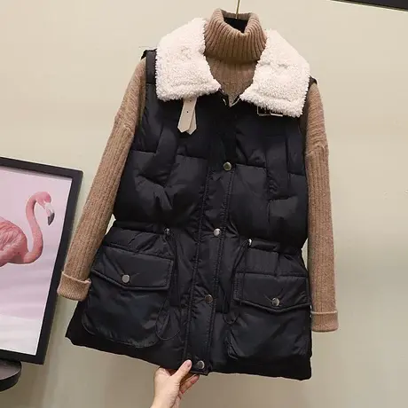 2023新款马夹修身显瘦纯色翻领系带收腰加厚中长款羽绒棉马甲女冬商品大图