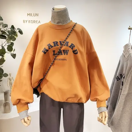 半高领加绒卫衣2020秋冬新款韩版字母条纹加厚保暖宽松卫衣大码商品大图