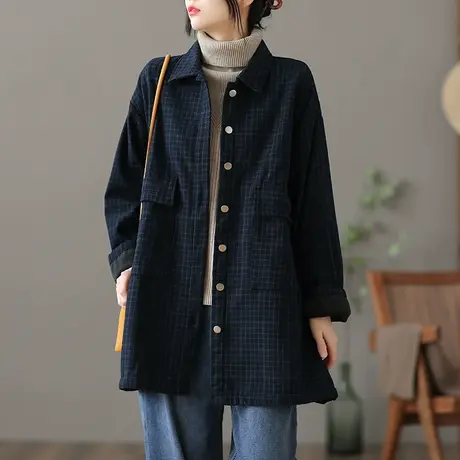 dza 文艺复古中长款宽松加绒冬季外套女2022新款百搭加厚格子上衣图片