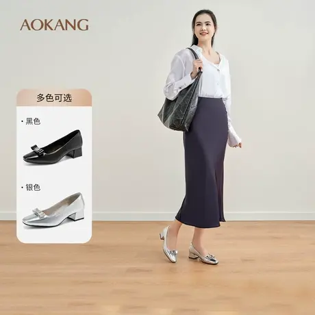 奥康 女鞋2025春季浅口单鞋真皮小方头甜美蝴蝶结通勤中跟鞋图片