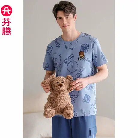 芬腾男士睡衣夏季纯棉短袖薄款凉感布朗熊套装青年休闲大码家居服商品大图