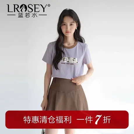【趣味字母印花直筒T恤】蓝若水大码夏装新款多巴胺减龄短袖上衣商品大图