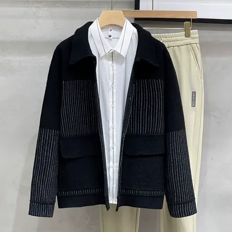 毛呢外套男韩版宽松翻领夹克加大码秋冬短款针织呢子潮流夹克衫男图片
