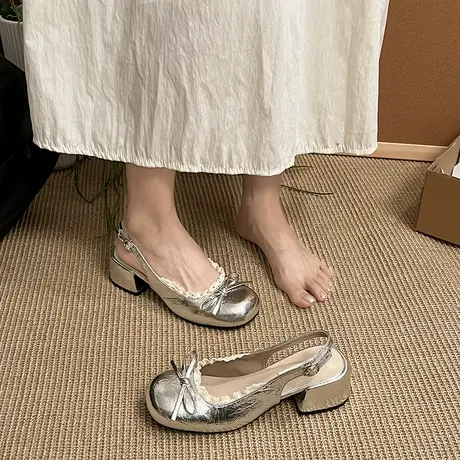 法式绝美凉鞋女2025夏季新款银色粗跟温柔仙女风鞋子高级百搭女鞋图片