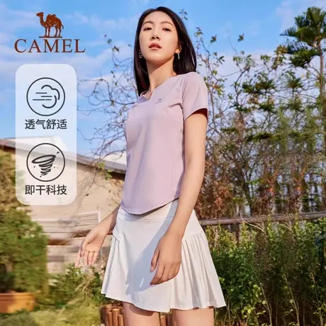 骆驼女装运动套装2025夏季新款V领短袖T恤百褶裙速干透气网球套装商品大图