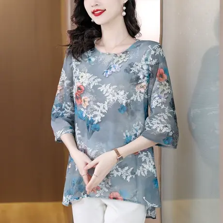 别致绣花雪纺衫女夏季2023新款七分袖宽松女上衣时尚洋气遮肚小衫商品大图