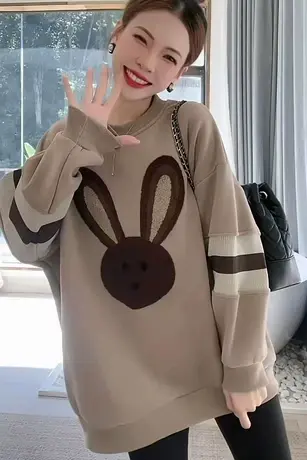 加绒加厚保暖卫衣女外穿套头卡通兔休闲百搭圆领中长款咖色2023款商品大图
