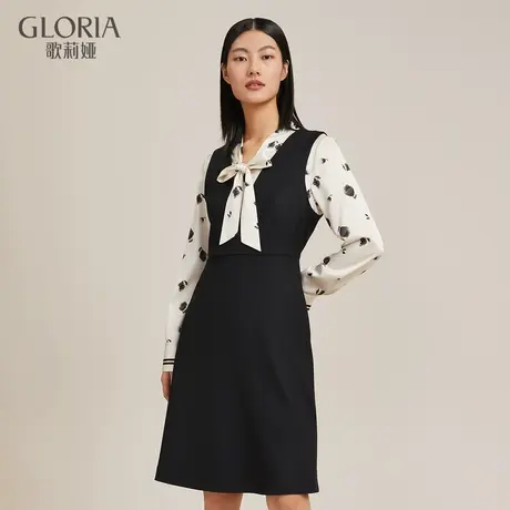 歌莉娅长袖连衣裙女冬新款高级感羊毛真丝气质拼接裙11CL4K120图片