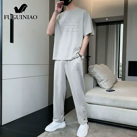 富贵鸟休闲短袖运动套装男士夏季薄款潮流冰丝t恤长裤搭配一整套商品大图