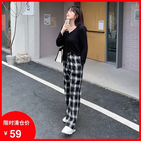 2023秋新款百搭直筒宽松遮肉显瘦黑色格子长裤女大码胖mm200斤商品大图
