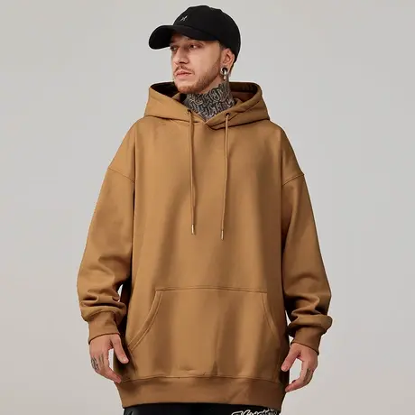 纯色大码胖子卫衣男连帽衫加肥加大宽松简约加绒加厚打底春秋冬季图片