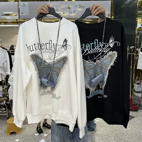 美式复古蝴蝶刺绣卫衣长袖秋季2023套头下衣失踪宽松时尚上衣潮商品大图