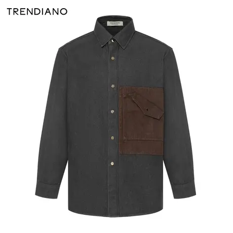 TRENDIANO官方复古撞色拼接翻领牛仔衬衫外套男潮2023新款冬季商品大图