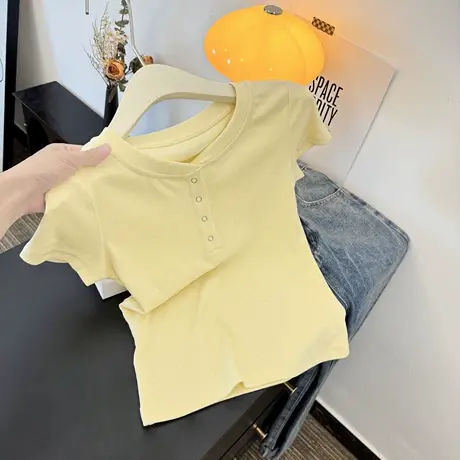 小个子短款短袖T恤女2025夏季新款修身韩版纽扣设计感圆领上衣潮商品大图