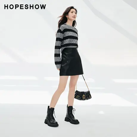 红袖outlets设计感弧形压线PU皮短裙hopeshow2023冬辣妹风半身裙图片