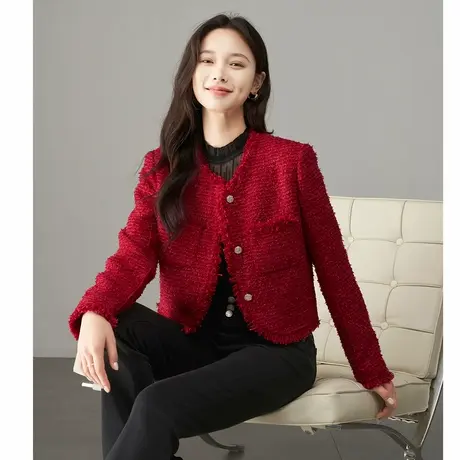 娅丽达高级感蓝色小香风外套女2025秋新款气质复古毛边短款上衣图片