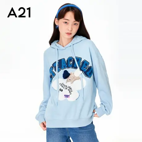 A21女装宽松连帽落肩长袖衫可爱卡通小兔刺绣美式复古套头秋卫衣图片