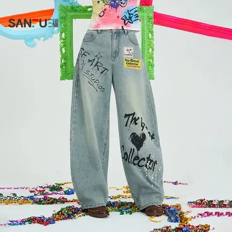 三福牛仔长裤2025秋季涂鸦印花撞色贴布宽松弯刀裤女装508132商品大图