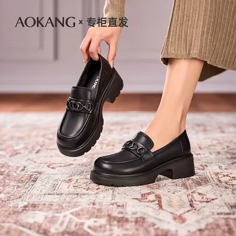 奥康真皮乐福鞋女25秋商场同款英伦风通勤黑色小皮鞋厚底低跟女鞋图片