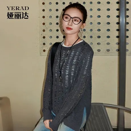 【商场同款】娅丽达宽松圆领灰色针织衫女春秋新款打底衫气质毛衣商品大图