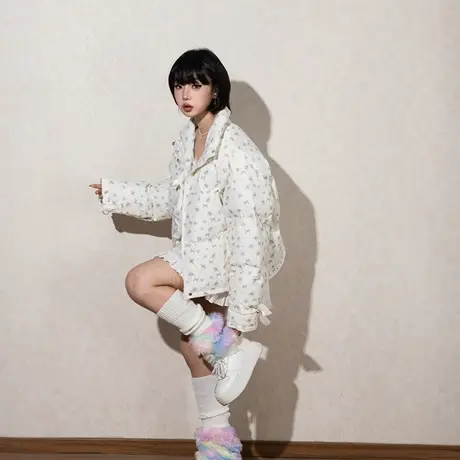 复古短款蝴蝶结立领棉服女冬季2025新款少女心棉衣外套保暖面包服图片