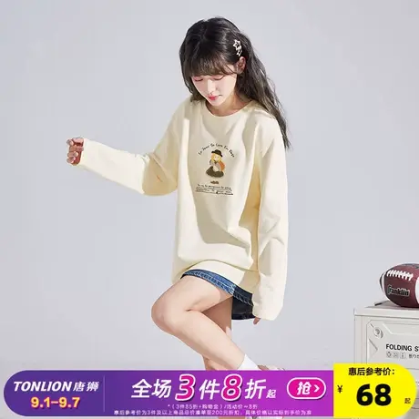 唐狮2025春季新款女长袖T恤宽松显瘦女装纯棉可爱字母印花潮流商品大图