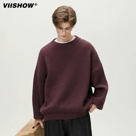 VIISHOW圆领基础款毛衣休闲宽松毛衫冬季情侣慵懒风保暖针织衫男商品大图