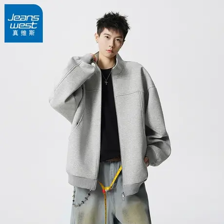 N5真维斯男士开衫卫衣2025新款秋季美式宽松拼接高领男生春秋外套商品大图