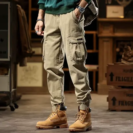 裤子男款多口袋束脚工装裤男透气潮流美式复古潮流百搭工装裤图片