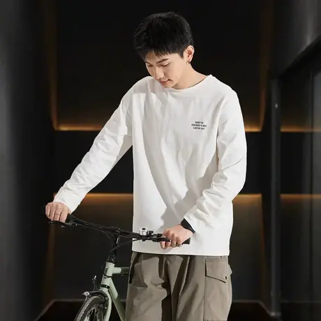 唐狮春款男式t恤长袖圆领左胸文字青少年运动宽松打底上衣TD商品大图